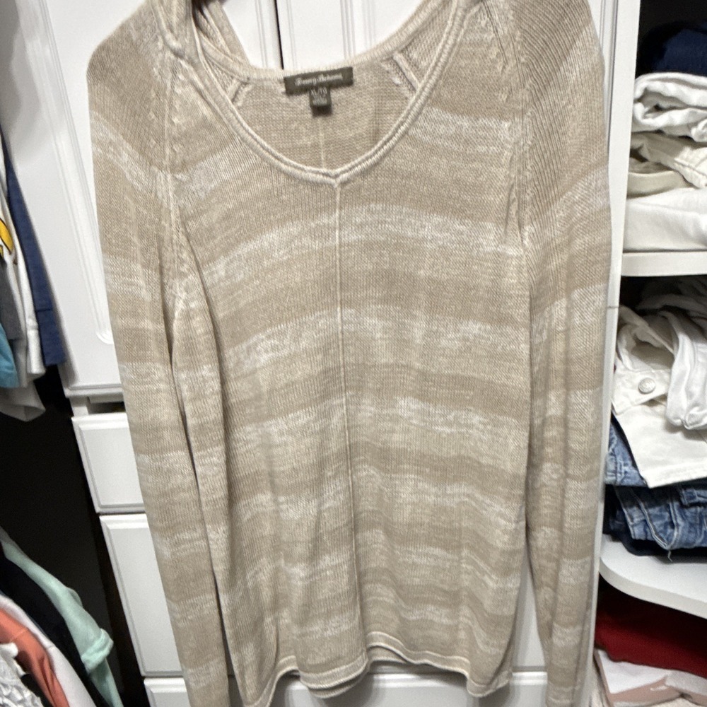 Tommy Bahama Womens XL Beige Striped Knit Hooded V-Neck Pullover Sweater
